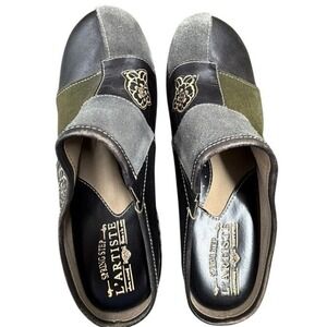 Spring Step L'Artiste‎ Womens Black Grey Olive Leather Suede Floral Clogs Mules